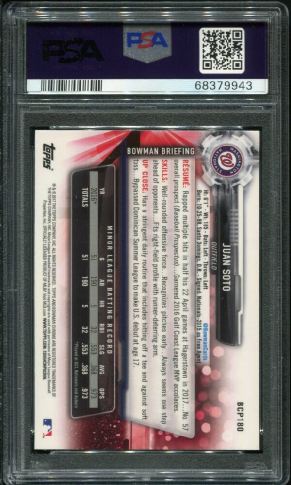 2017 Bowman Chrome Prospects #BCP180 Juan Soto RC PSA 9 (68379943) - Image 2