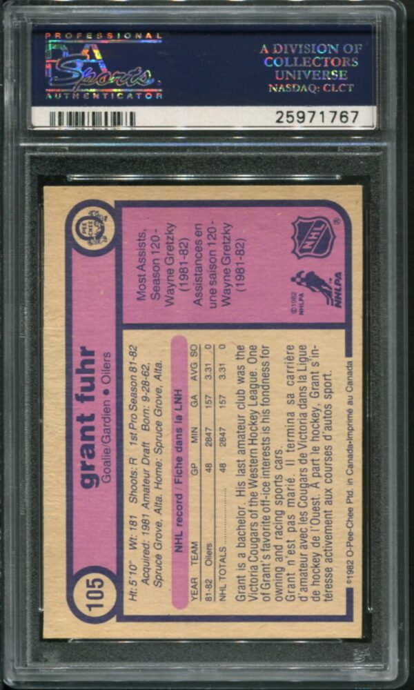 1982 O-Pee-Chee #105 Grant Fuhr RC PSA 8 HOF (25971767) - Image 2