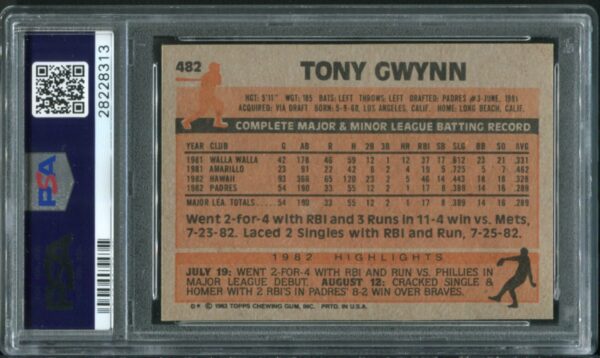 1983 Topps #482 Tony Gwynn RC PSA 10 HOF (28228313) - Image 3