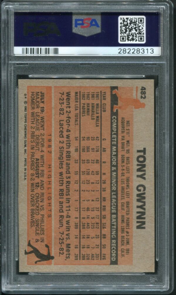 1983 Topps #482 Tony Gwynn RC PSA 10 HOF (28228313) - Image 2