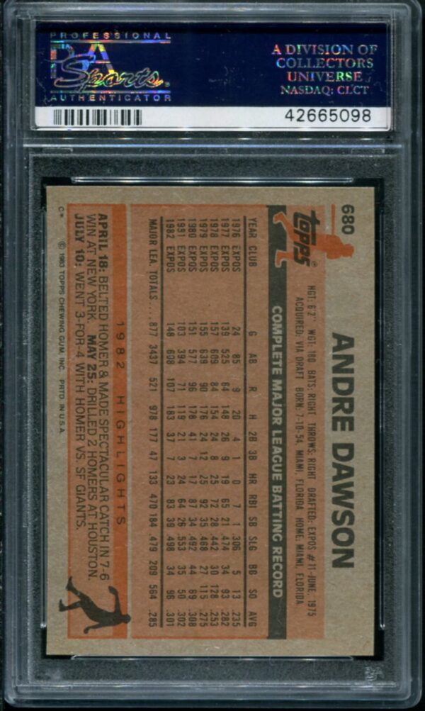 1983 Topps #680 Andre Dawson PSA 10 HOF (42665098) - Image 2