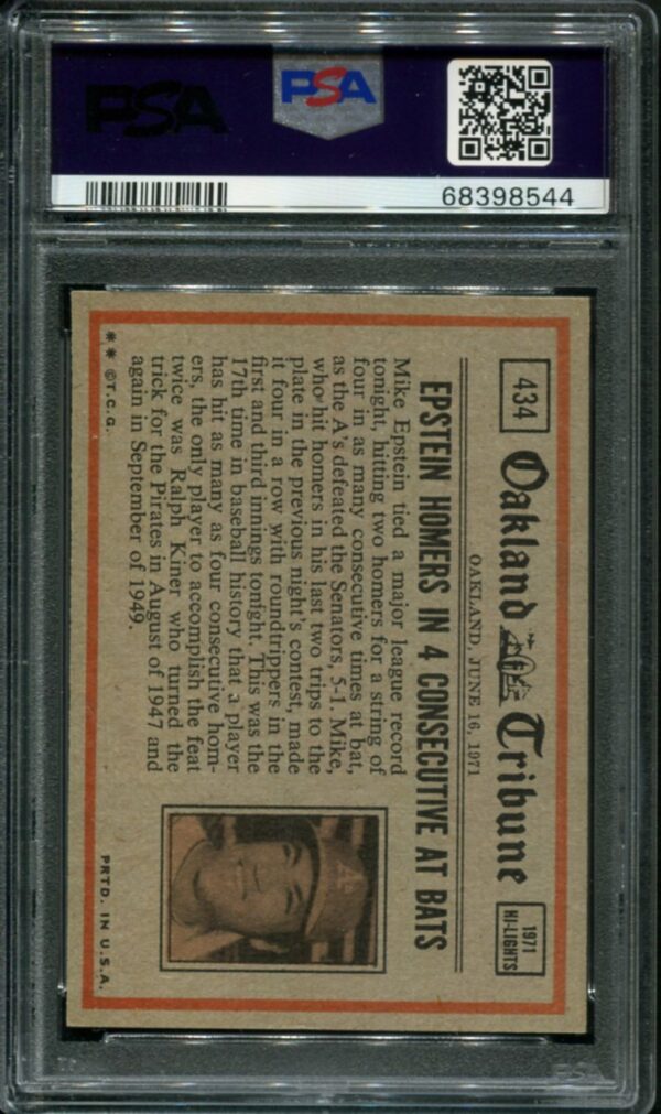 1972 Topps #434 Johnny Bench In Action PSA 8 HOF (68398544) - Image 2