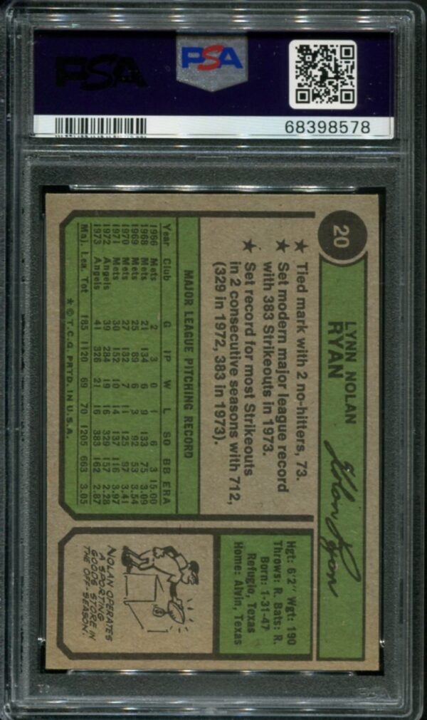 1974 Topps #20 Nolan Ryan PSA 7 HOF (68398578) - Image 2