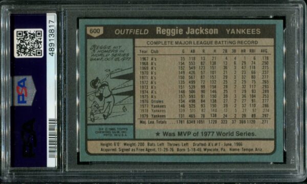 1980 Topps #600 Reggie Jackson PSA 9 HOF (48913817) - Image 3