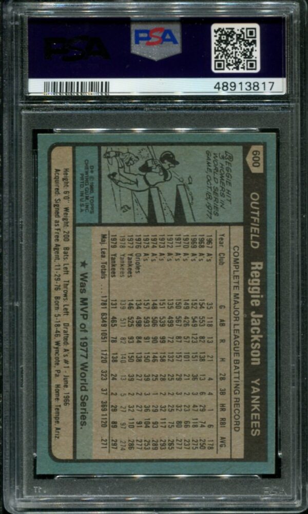 1980 Topps #600 Reggie Jackson PSA 9 HOF (48913817) - Image 2