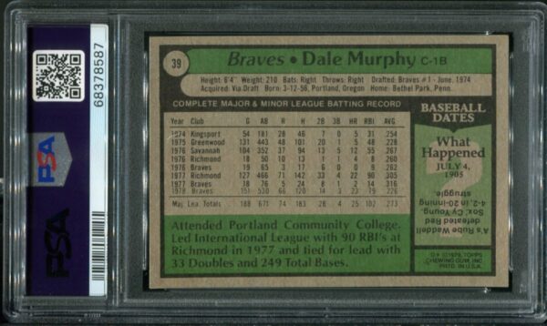 1979 Topps #39 Dale Murphy PSA 8 (68378587) - Image 3