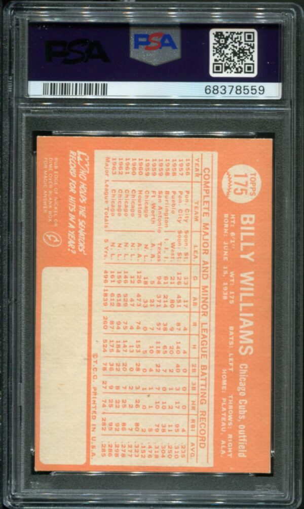 1964 Topps #175 Billy Williams PSA 8 HOF (68378559) - Image 2