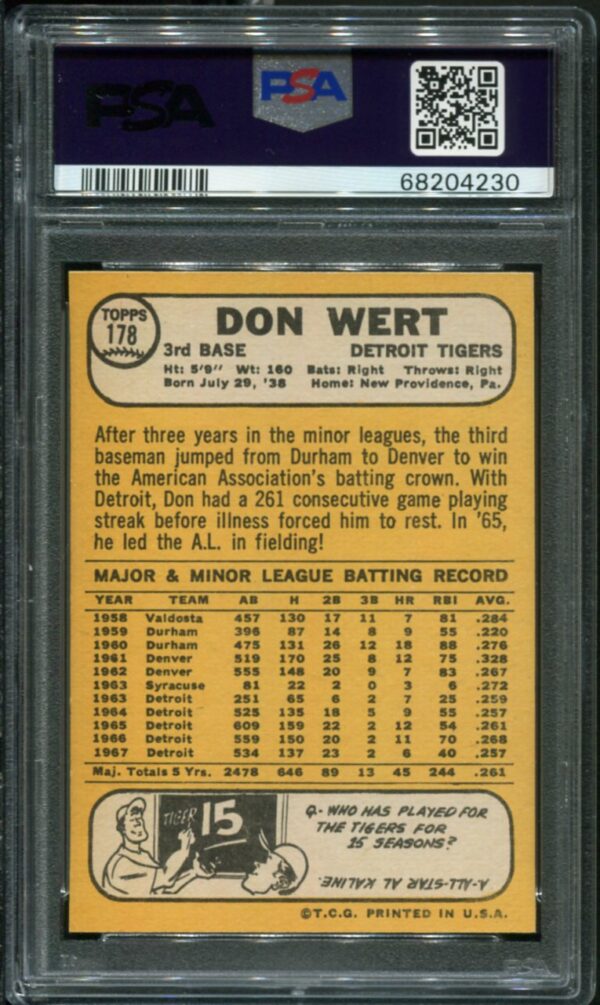 1968 Topps #178 Don Wert PSA 7 (68204230) - Image 2