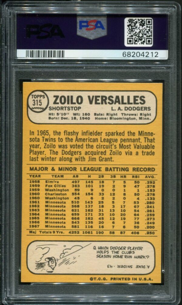 1968 Topps #315 Zoilo Versalles PSA 7 (68204212) - Image 2