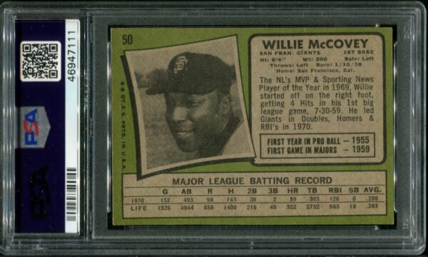 1971 Topps #50 Willie McCovey PSA 5 HOF (46947111) - Image 3