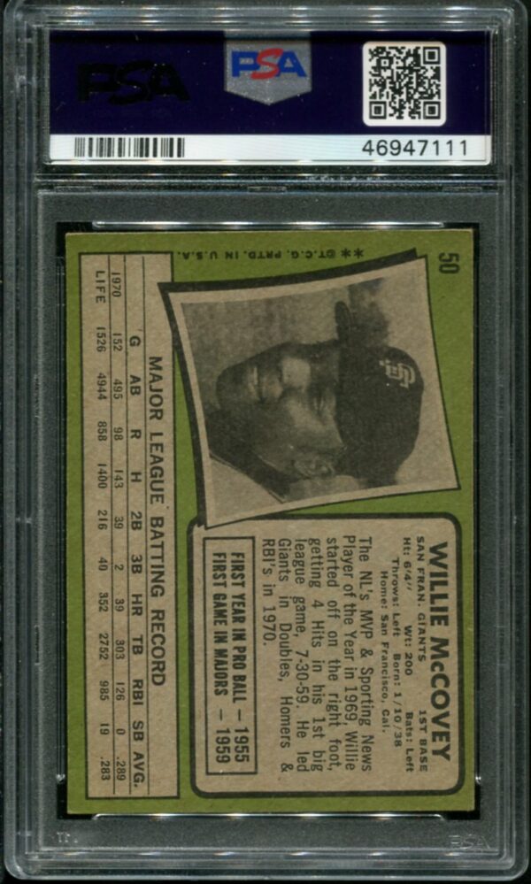 1971 Topps #50 Willie McCovey PSA 5 HOF (46947111) - Image 2