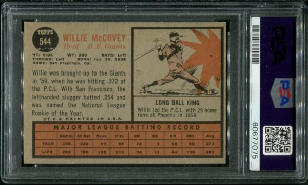 1962 Topps #544 Willie McCovey SP PSA 6 HOF (60677075) - Image 3