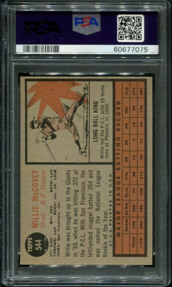 1962 Topps #544 Willie McCovey SP PSA 6 HOF (60677075) - Image 2