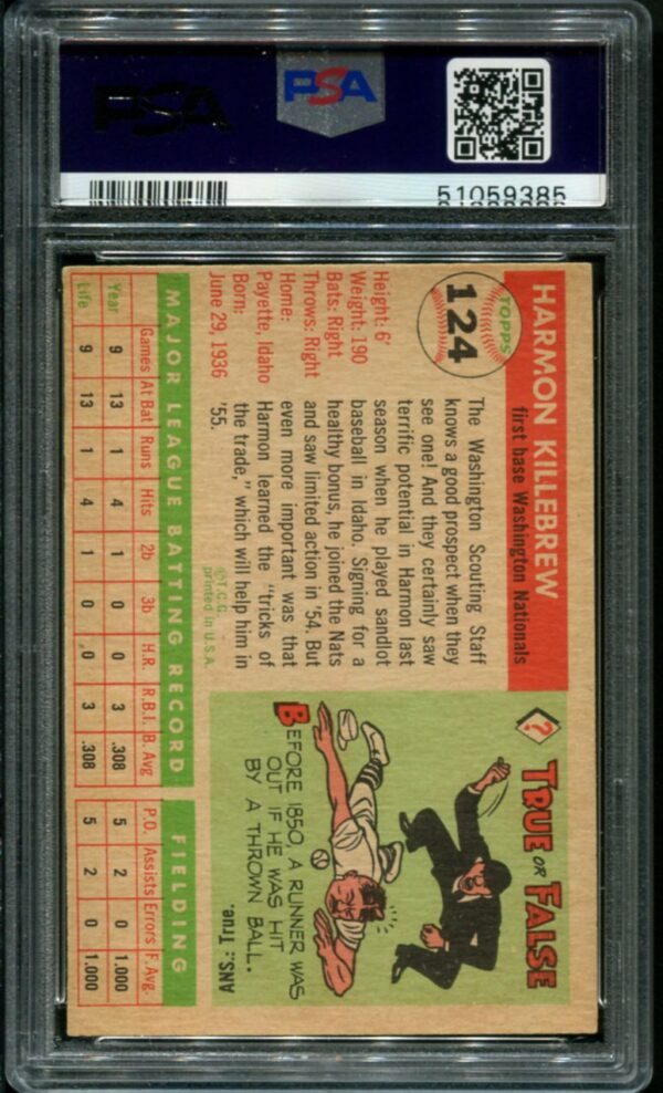 1955 Topps #124 Harmon Killebrew RC PSA 6 HOF (51059385) - Image 2