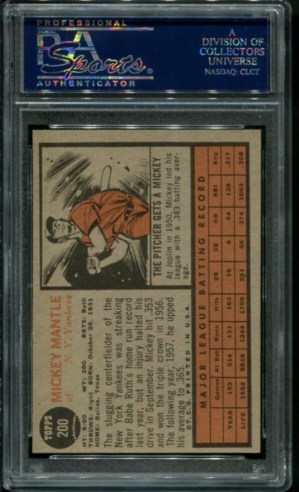 1962 Topps #200 Mickey Mantle PSA 6 HOF (23449875) - Image 2