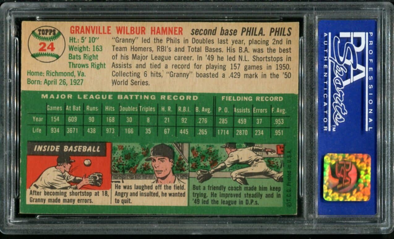 1954 Topps #24 Granny Hamner PSA 8 (08020177) - All Star Cards Inc