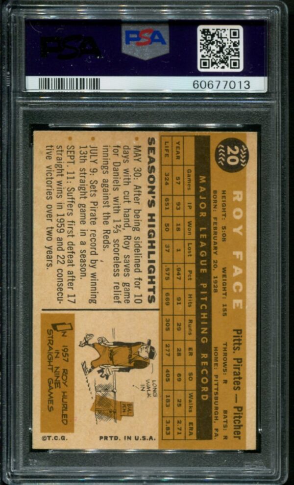 1960 Topps #20 Roy Face PSA 6 (60677013) - Image 2