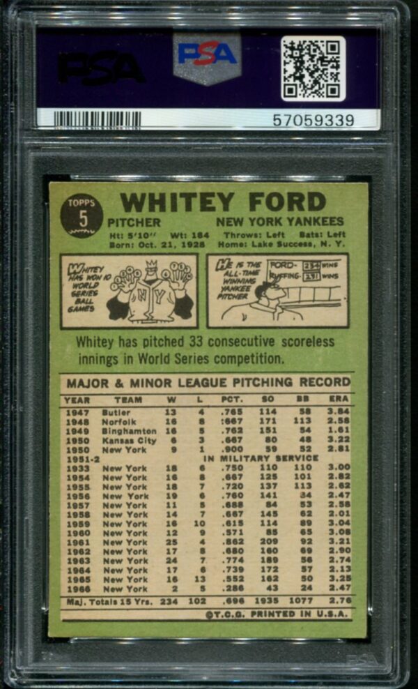 1967 Topps #5 Whitey Ford PSA 6 HOF (57059339) - Image 2