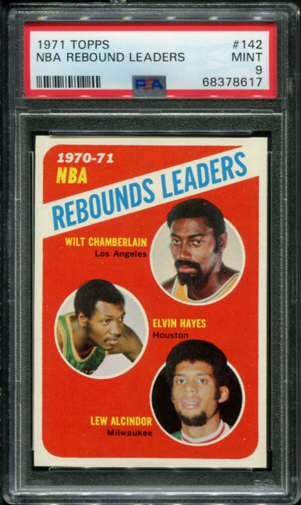 1971 Topps #142 NBA Rebound Leaders (Wilt Chamberlain, Elvin Hayes, Lew Alcindor) PSA 9 HOF (68378617)