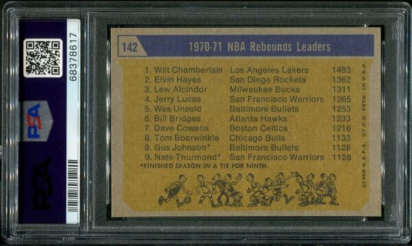 1971 Topps #142 NBA Rebound Leaders (Wilt Chamberlain, Elvin Hayes, Lew Alcindor) PSA 9 HOF (68378617) - Image 3