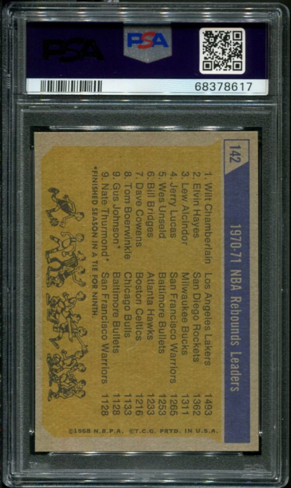 1971 Topps #142 NBA Rebound Leaders (Wilt Chamberlain, Elvin Hayes, Lew Alcindor) PSA 9 HOF (68378617) - Image 2