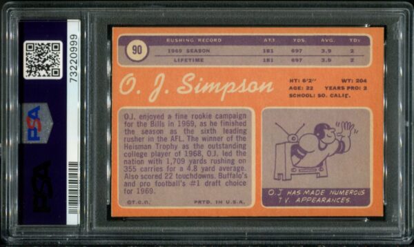 1970 Topps #90 O.J. Simpson RC PSA 6 HOF (73220999) - Image 3