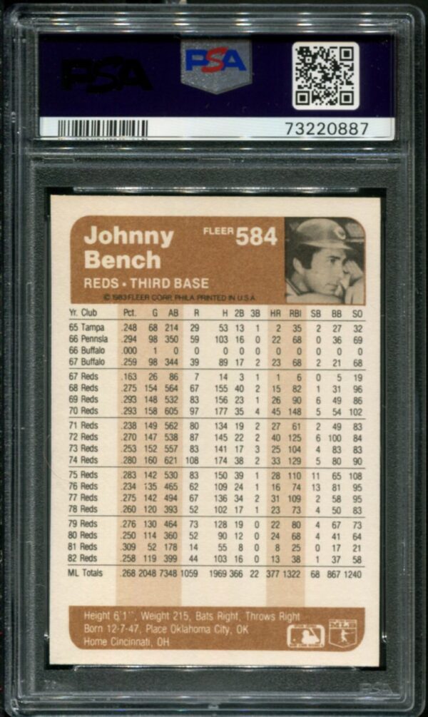 1983 Fleer #584 Johnny Bench PSA 9 HOF (73220887) - Image 2