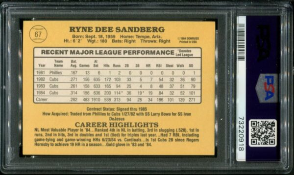 1985 Donruss #67 Ryne Sandberg PSA 8 HOF (73220918) - Image 3