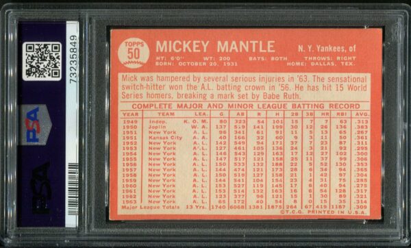 1964 Topps #50 Mickey Mantle PSA 5 HOF (73235849) - Image 3