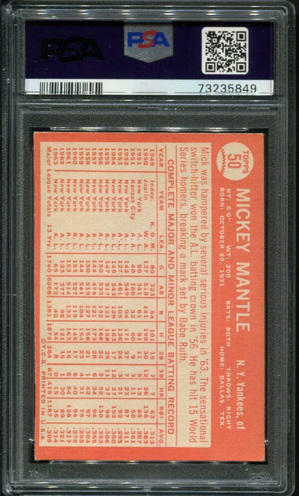 1964 Topps #50 Mickey Mantle PSA 5 HOF (73235849) - Image 2