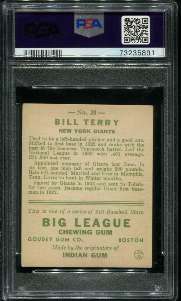 1933 Goudey #20 Bill Terry PSA 4.5 HOF (73235891) - Image 2