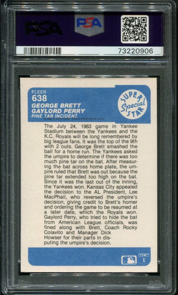 1984 Fleer #638 George Brett/Gaylord Perry (The Pine Tar Incident) PSA 10 HOF (73220906) - Image 2