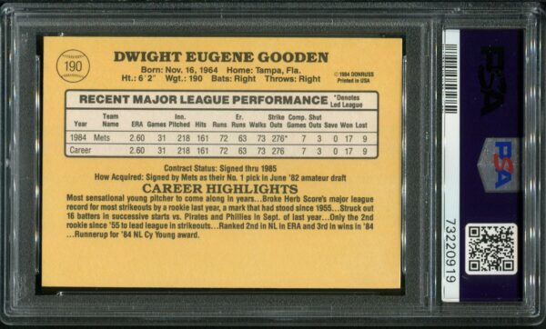 1985 Donruss #190 Dwight Gooden RC PSA 9 (73220919) - Image 3