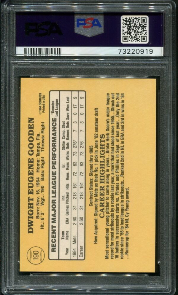 1985 Donruss #190 Dwight Gooden RC PSA 9 (73220919) - Image 2