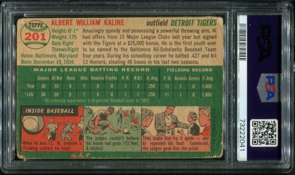 1954 Topps #201 Al Kaline Autographed RC PSA Authentic Auto 9 HOF (73222041) - Image 3