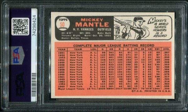 1966 Topps #50 Mickey Mantle PSA 6 HOF (74298424) - Image 3