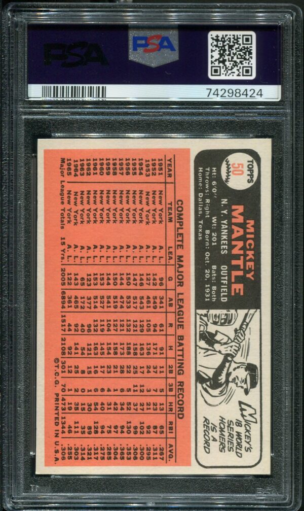 1966 Topps #50 Mickey Mantle PSA 6 HOF (74298424) - Image 2