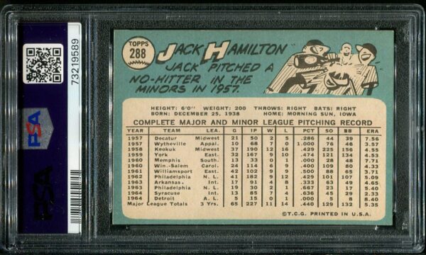 Authentic 1965 Topps #288 Jack Hamilton PSA 7 Baseball Card