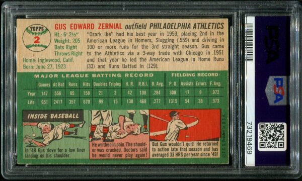 Authentic 1954 Topps #2 Gus Zernial PSA 7 Baseball Card