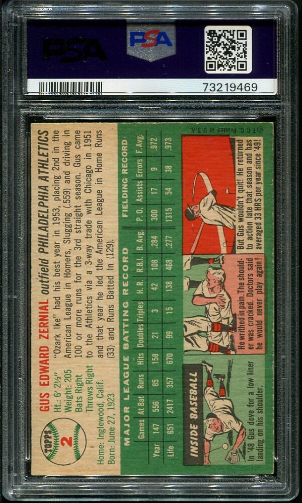 Authentic 1954 Topps #2 Gus Zernial PSA 7 Baseball Card