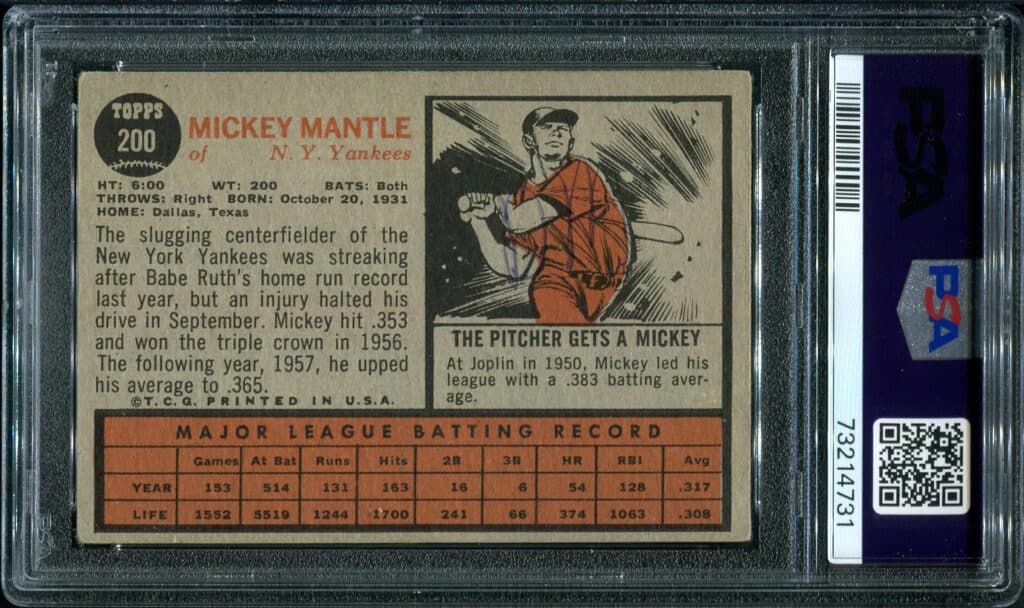 1962 Topps #200 Mickey Mantle PSA 3 HOF (73214731) - All Star Cards Inc