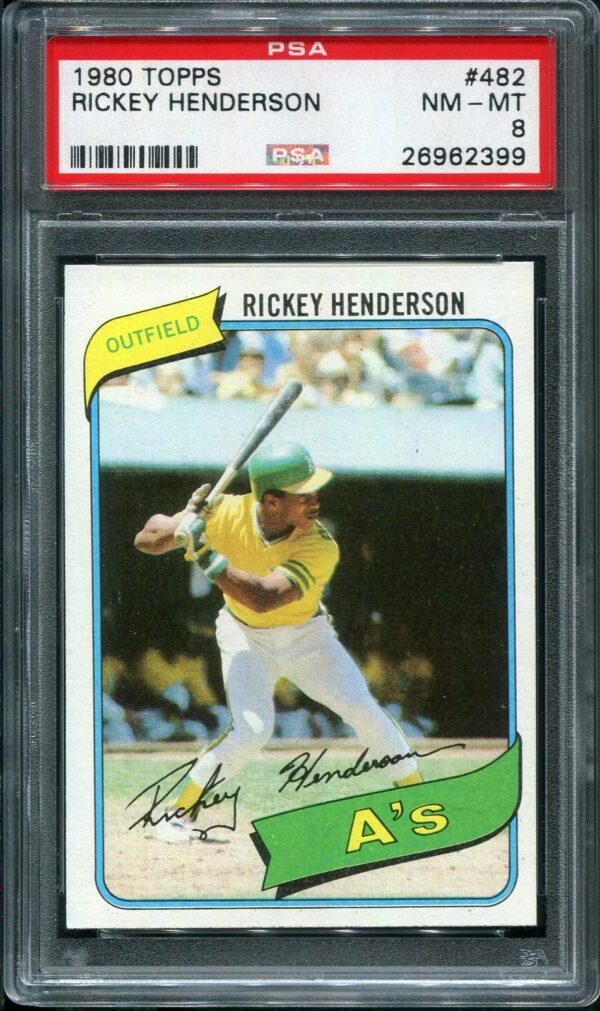 1980 Topps #482 Rickey Henderson PSA 8 Rookie Baseball Card Front