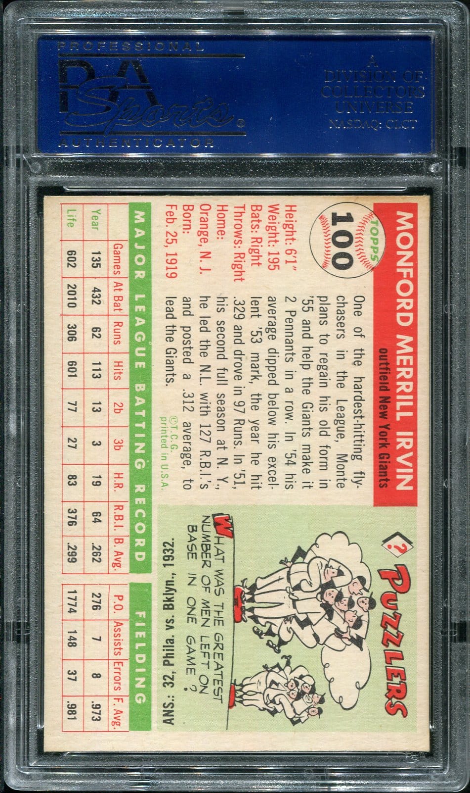 1955 Topps #100 Monte Irvin PSA 6 HOF (16331661) - All Star Cards Inc