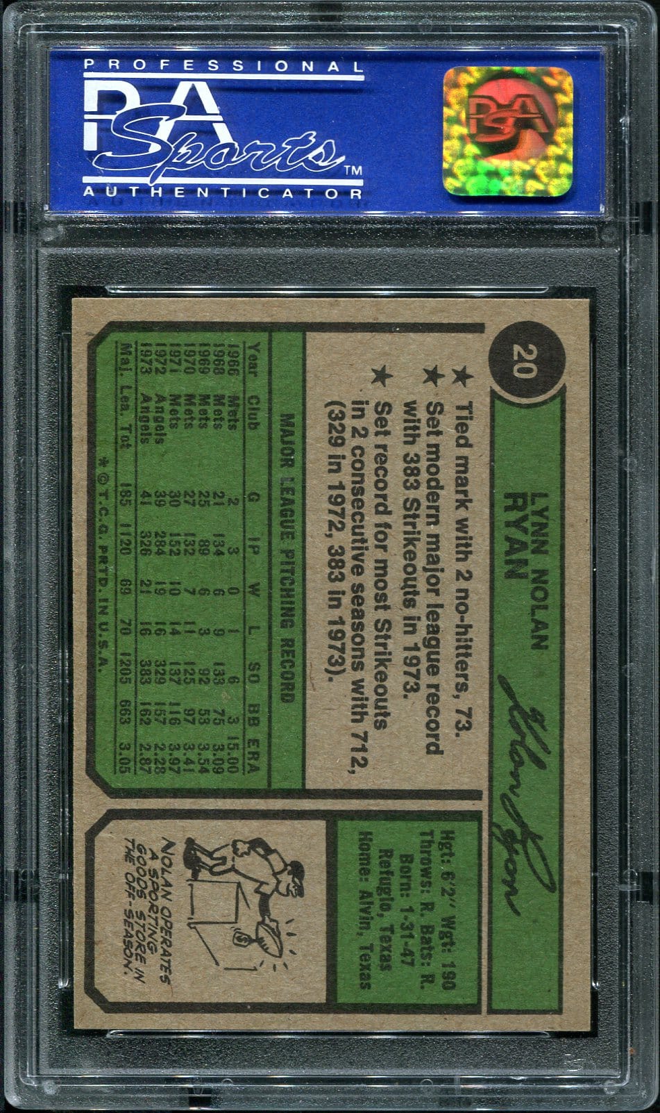 1974 Topps #20 Nolan Ryan PSA 8 HOF (02177914) - All Star Cards Inc