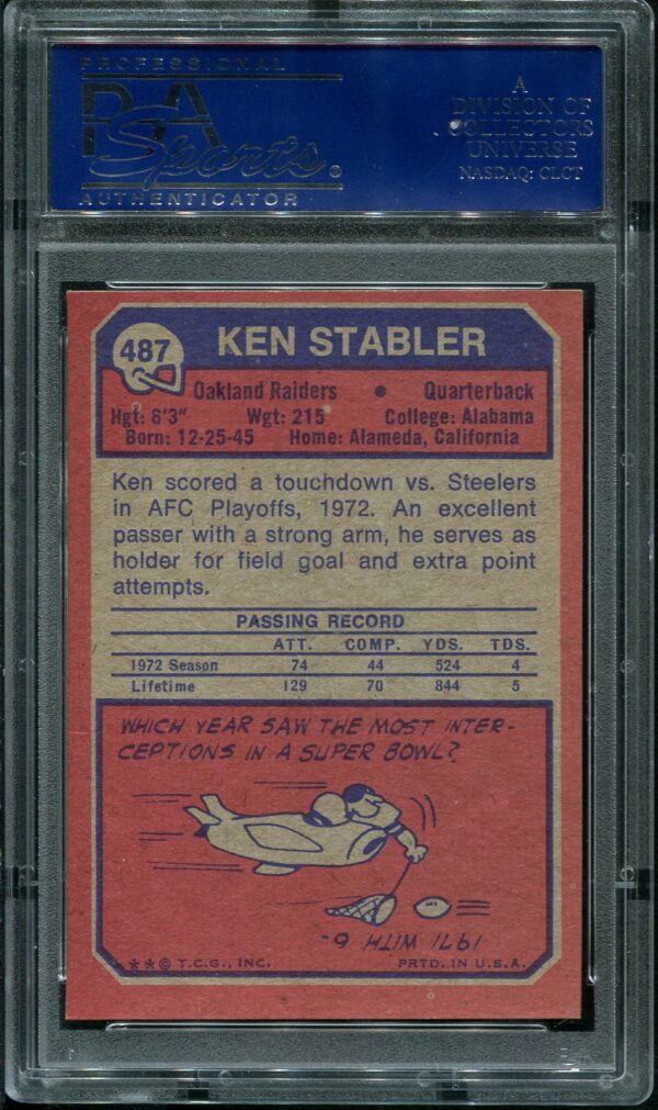 1973 Topps #487 Ken Stabler Rookie Football Card PSA 7 Back