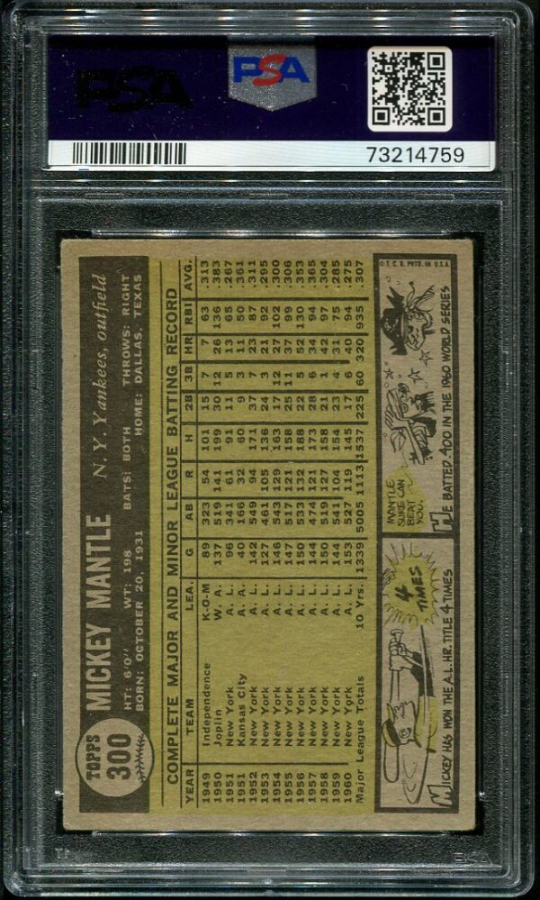 Authentic 1961 Topps #300 Mickey Mantle PSA 3.5 Baseball Card