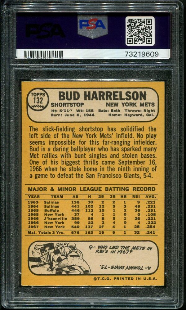 Authentic 1968 Topps #132 Bud Harrelson PSA 8 Baseball Card