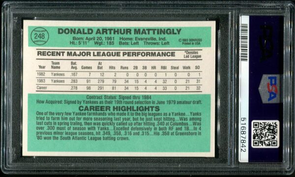 Authentic 1984 Donruss #248 Don Mattingly PSA 9 Rookie Baseball Card