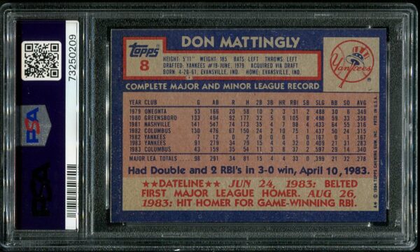 Authentic 1984 Topps #8 Don Mattingly PSA 9 Rookie Baseball Card