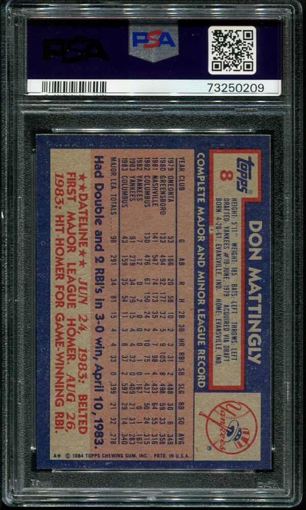 Authentic 1984 Topps #8 Don Mattingly PSA 9 Rookie Baseball Card